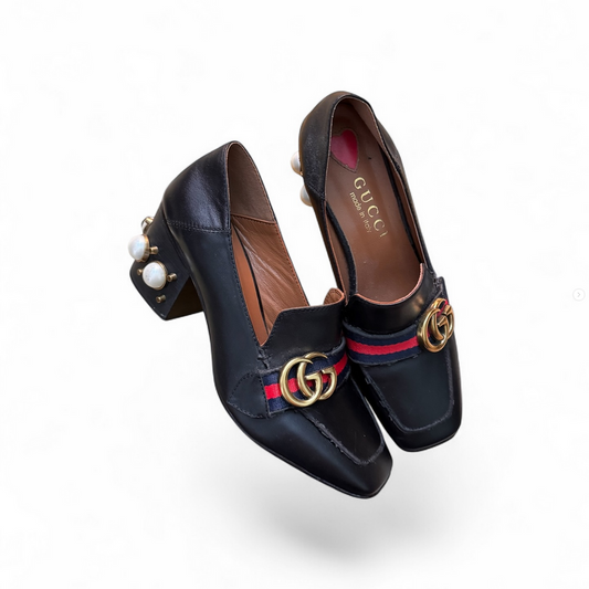 Gucci GG Pearl Heeled Leather Loafer Pumps